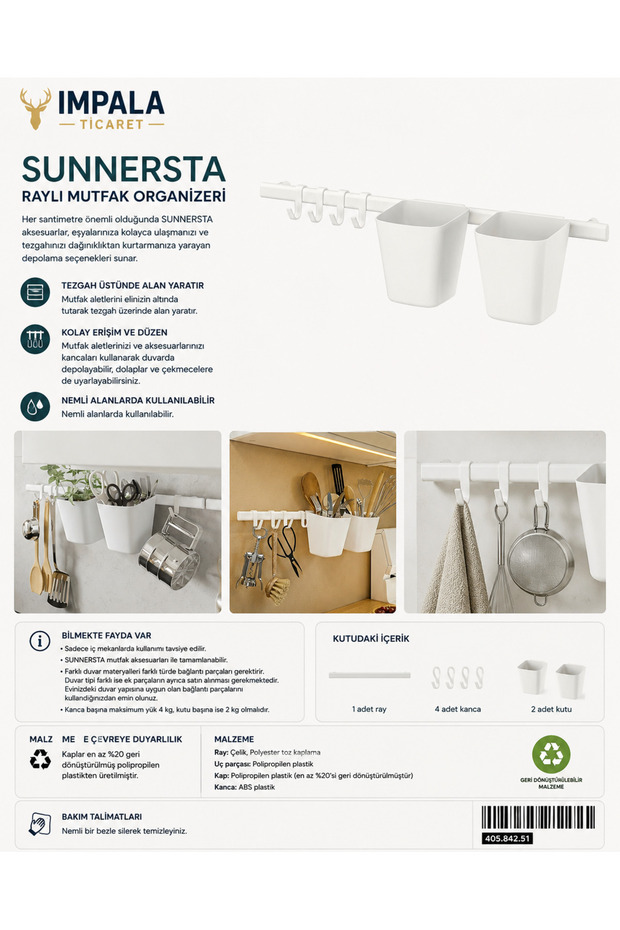 Sunnersta White Wall Rail Set with 4 Hooks and 2 Boxes