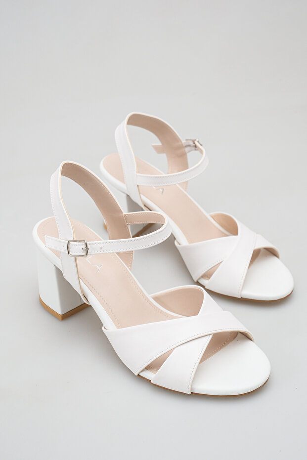 White Cross-Strapped Thick Heeled Bridal Shoes