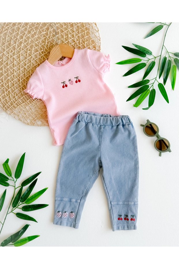 Summer Fruits Embroidery Detail Knitted Denim Leggings Summer 2 Piece Baby Girl Set