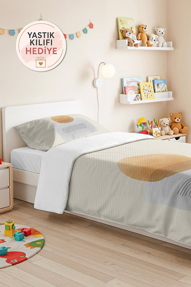 Minimal Geometric Young Room Single Pique Set - Beige Gray Modern 160X220 cm Bedspread