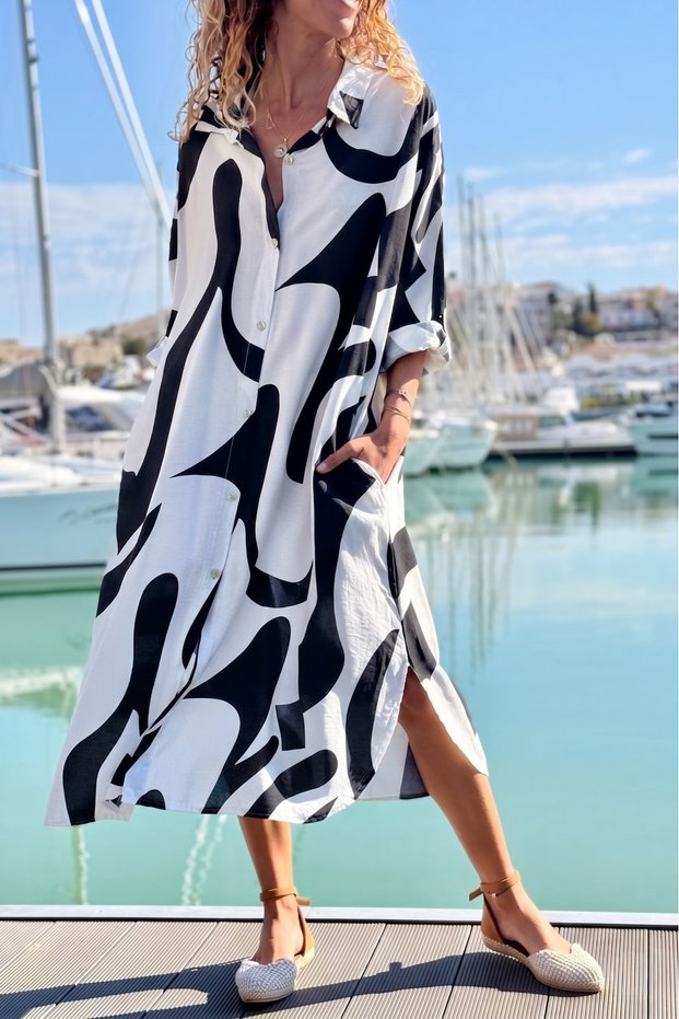 Italian Black Geometric Patterned Cotton Loose Woven Shirt Dress with Pockets 110 60