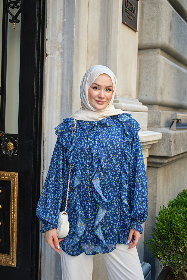 Women's Lined Small Floral Patterned Waist-Tie Tulle Tunic Navy Blue
