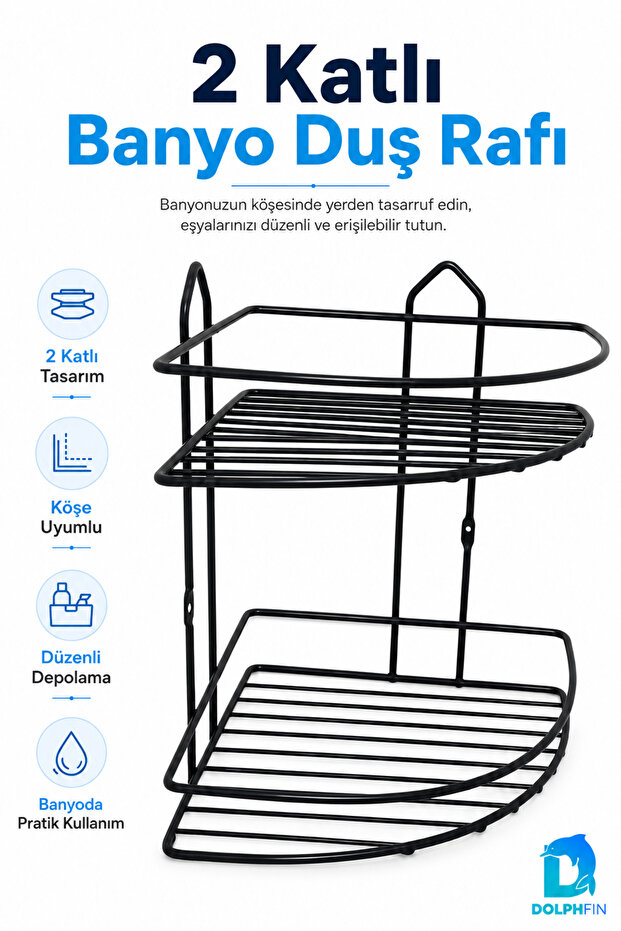 2-Tier Black Bathroom Shower Shelf Corner Metal Shampoo Soap Holder Bathroom Organizer Shelf