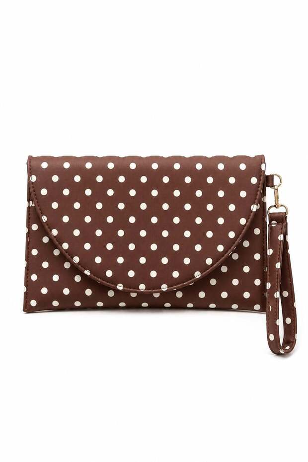 Brown Polka Dot Women's Clutch Bag with Curved Cover Portfolio Handbag