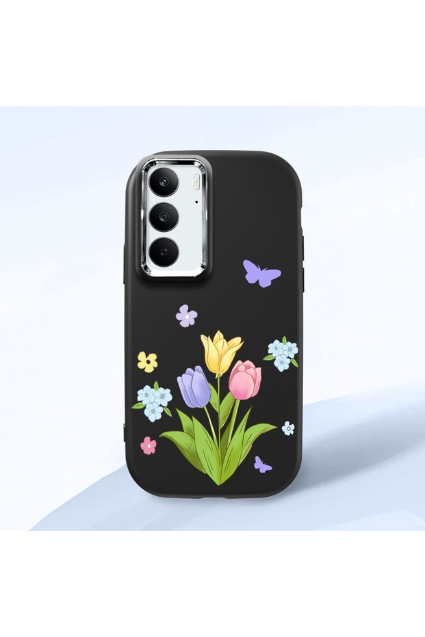 حافظة متوافقة مع هاتف Realme C75، حافظة هاتف من السيليكون الأسود لحماية الكاميرا، مزينة بنمط زهور
