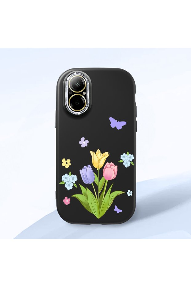 حافظة متوافقة مع هاتف Realme C67، حافظة هاتف من السيليكون الأسود لحماية الكاميرا، مزينة بنمط الزهور