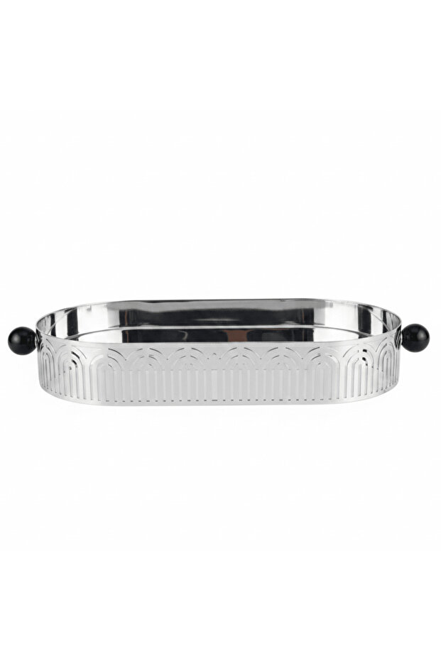 Silver Metal Oval Candy & Serving Tray with Elegant Black Handles | Ornate Arch Cutout Design | 30×15 cm