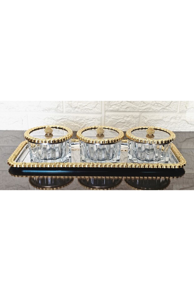 Wicker Frame Gold-Silver Bowl Set with Tray & Sugar Bowl & Serving Plate & Snack Bowl - with Striped Bowl