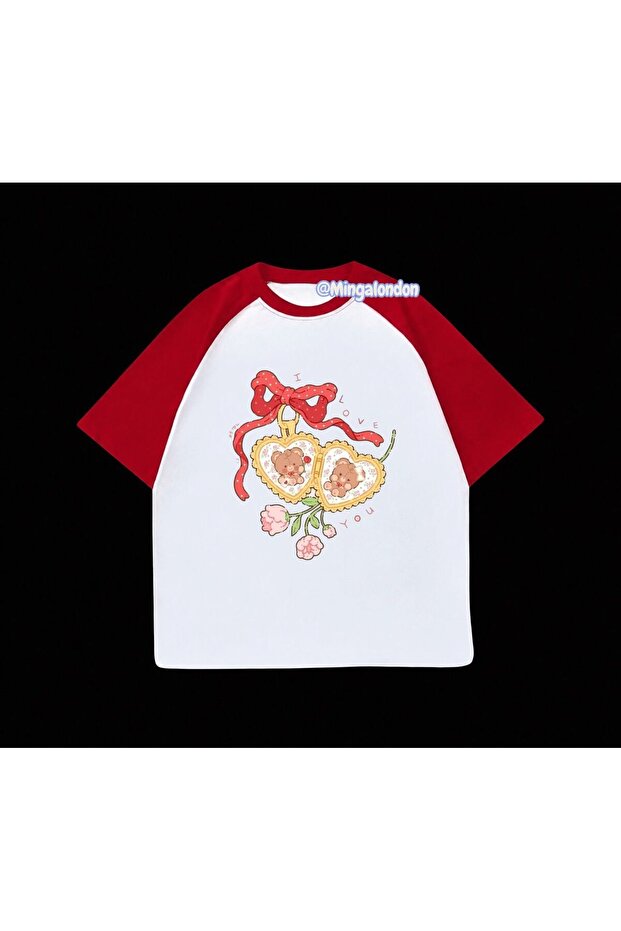 I Love You Teddy Bear Heart Medallion Printed Red Raglan Sleeve T-Shirt
