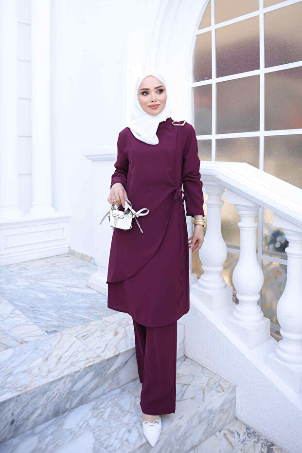 Plum Tie-Dye Detailed Tunic and Trousers Set