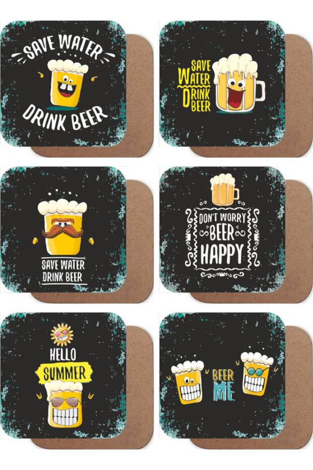 Emoji Beer Themed Wooden Coasters Set of 6