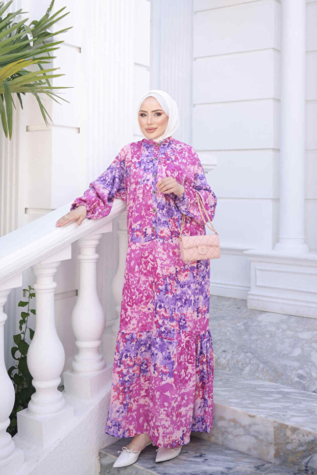 Purple Half Buttoned Sleeves Elastic Skirt Layered Viscose Dress