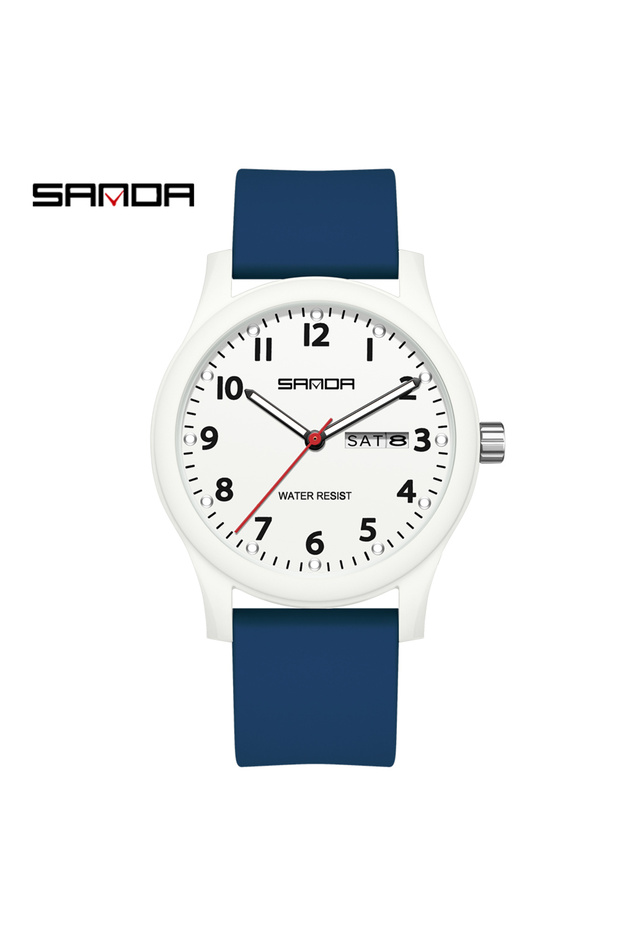 Blue White SANDA 3263 Fashion Casual Men Watch Silicone Strap Waterproof Luminous Clock Unisex Wrist