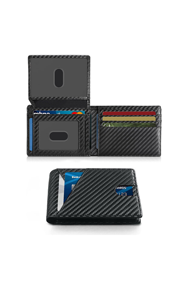 محفظة رجالية رفيعة للغاية من QB391-Carbonblack مزودة بتقنية حجب RFID مع نافذتين لبطاقات الهوية وفتحات متعددة للبطاقات