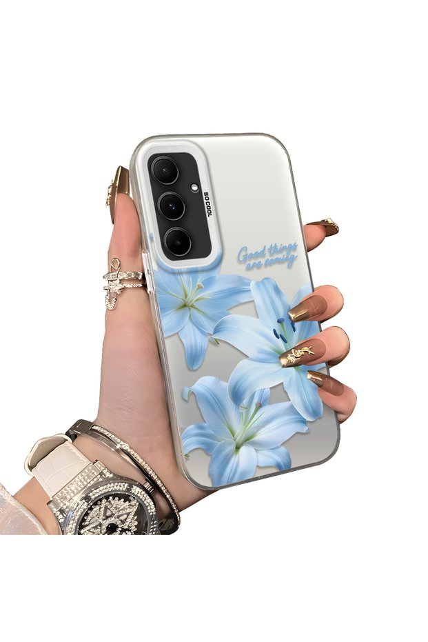Samsung Galaxy A55 Compatible Silicone Edge Hard Back Case Couple Phone Case with Floral Pattern