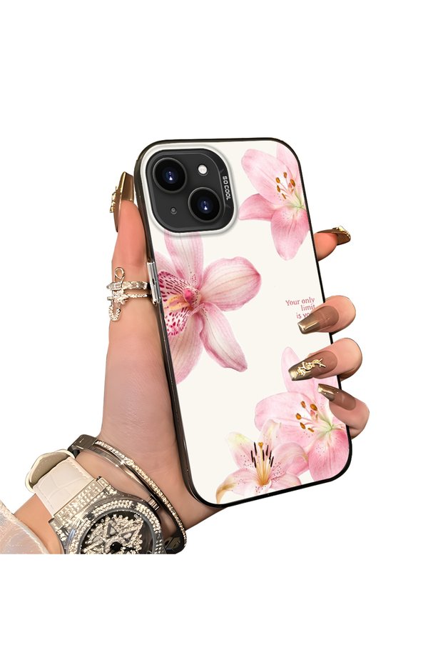 iPhone 15 Compatible Silicone Edge Hard Back Case Couple Phone Case with Floral Pattern