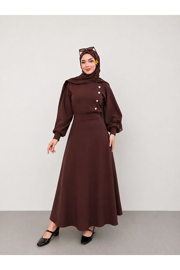 Scuba Fabric Crystal Stone Button Detailed Stylish Skirt Blouse Double Set