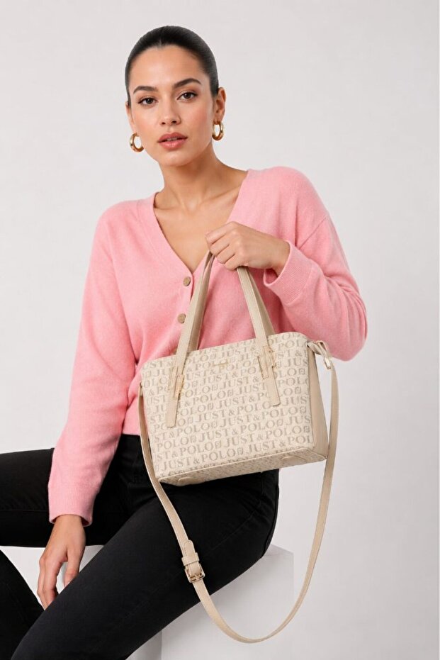 Women's Hand and Shoulder Bag with Logo, Patterned Detail, Double Handle, Zipper, Mink