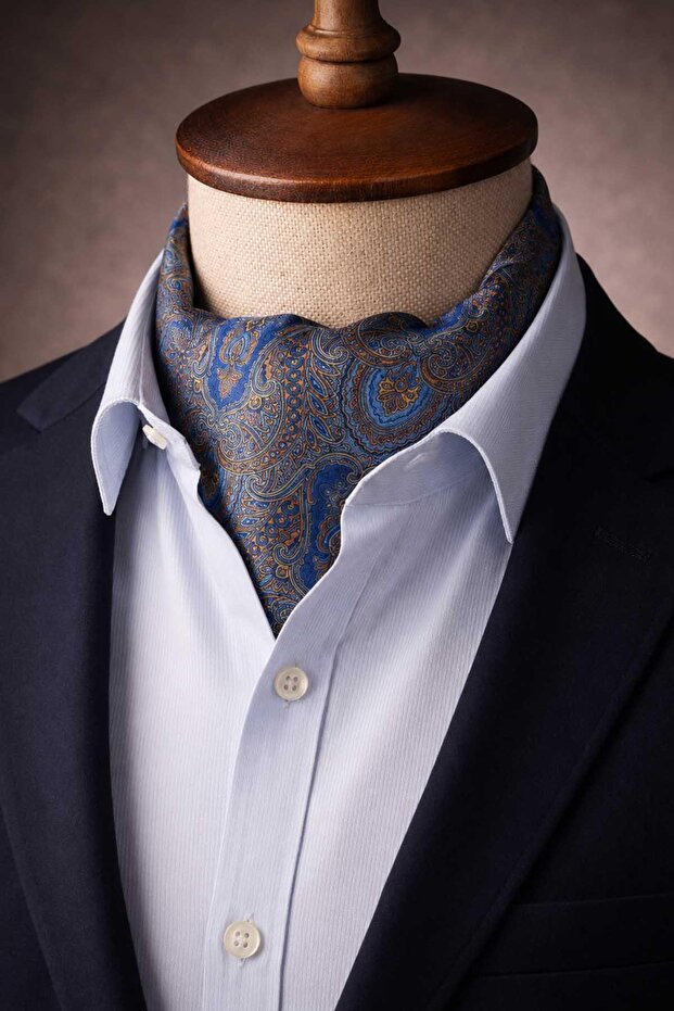 Orange Blue Shawl Pattern Italian Silk Ascot Tie Sac135