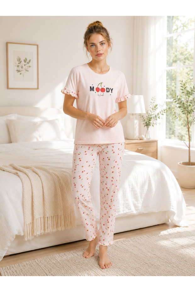 Cotton Soft Sleeve Ruffle Cherry Pattern Summer Short Sleeve Women's Pajama Set
