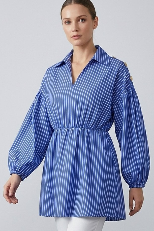 Maca Elastic Waist Balloon Long Sleeve Buttoned Shoulders Satin Women's Shirt & Blouse & Hijab Shirt - Cobalt bluewhite