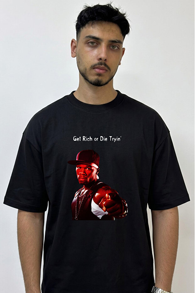 50 Cent_45 Design Printed Oversize Black T-Shirt