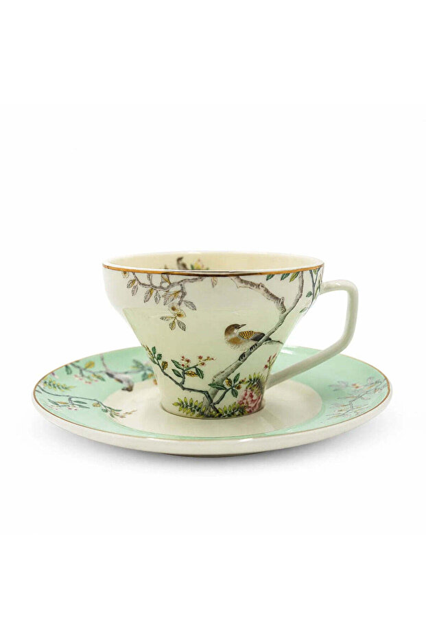 RM-464 Milk Tea Cup & Saucer Set – 12 Pieces – Green Bird & Floral Design