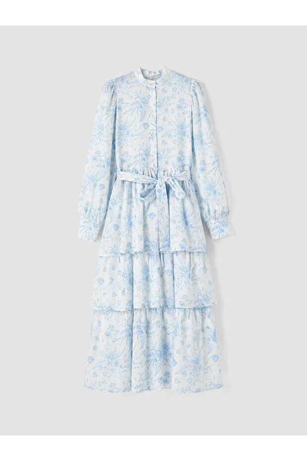 Lcw Modest Blue High Neck Layered Dress with Belted Waist