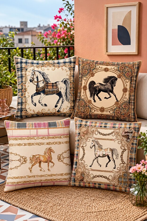 Natural Running Horses Patterned 4-Piece Throw Pillow Cover Set