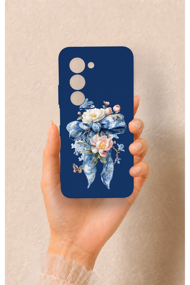 Redmi 15 5g Compatible Blue Ribbon Flower Pattern Silicone Case