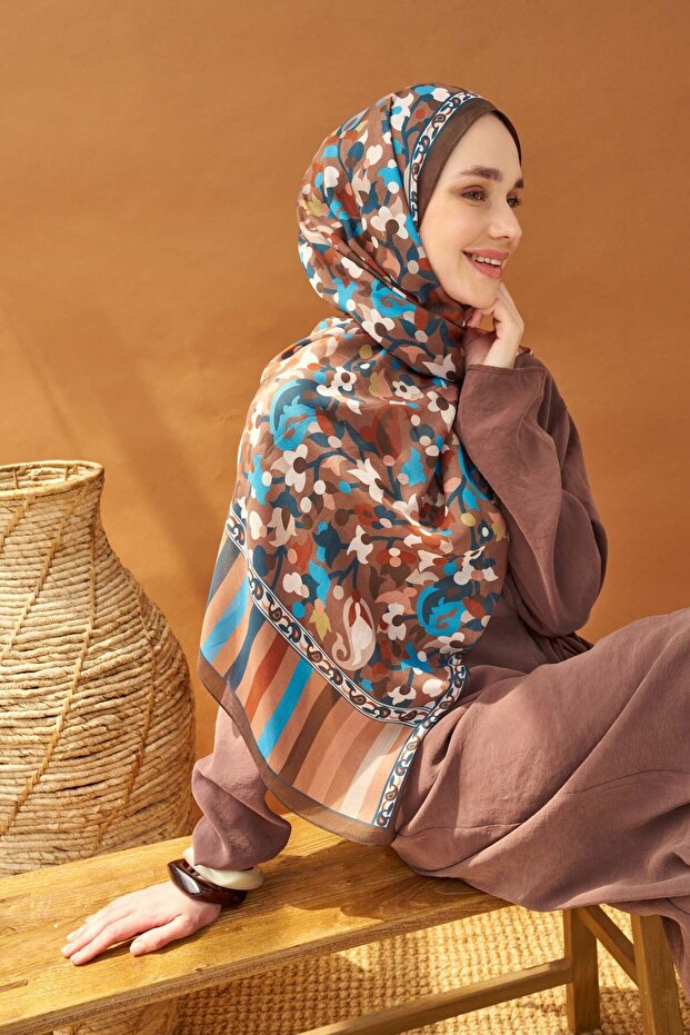 Riva Shawl Tencel Botanical Floral Chocolate Brown