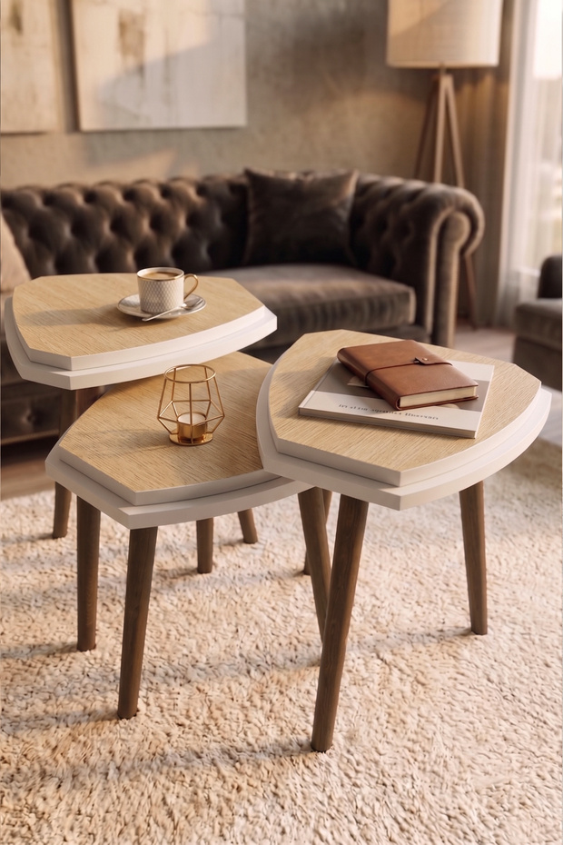 Lattav Asymmetrical Cut Luxury Walnut 3-Piece Nesting Table Decorative Wooden Side Table Set