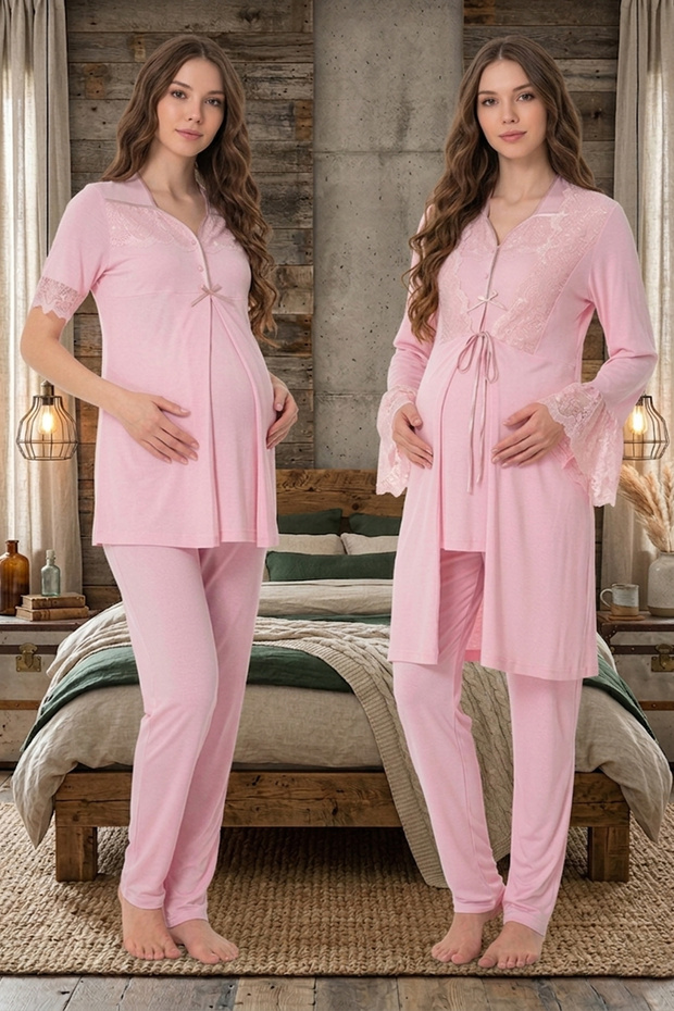 Plus Size Maternity Pajama Set with Nursing Features, 100% Cotton Lace Dressing Gown