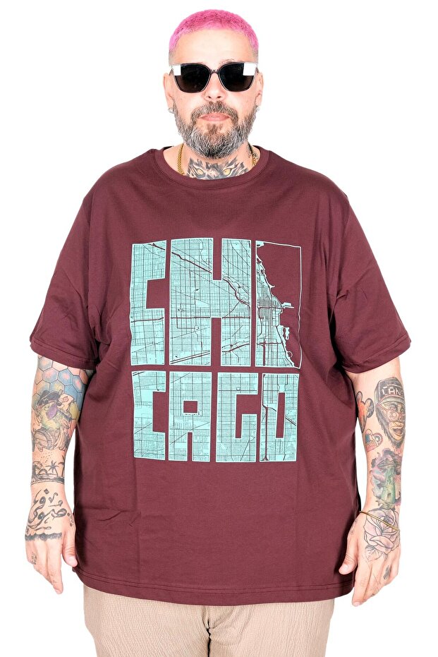 Mode XL Large Size T-Shirt with Bis Collar Chicago U26116 Mürdüm