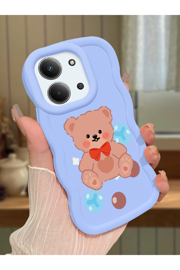 Redmi 15C 5g Compatible Case Camera Protector Blue Silicone Couple Phone Case Bear Pattern