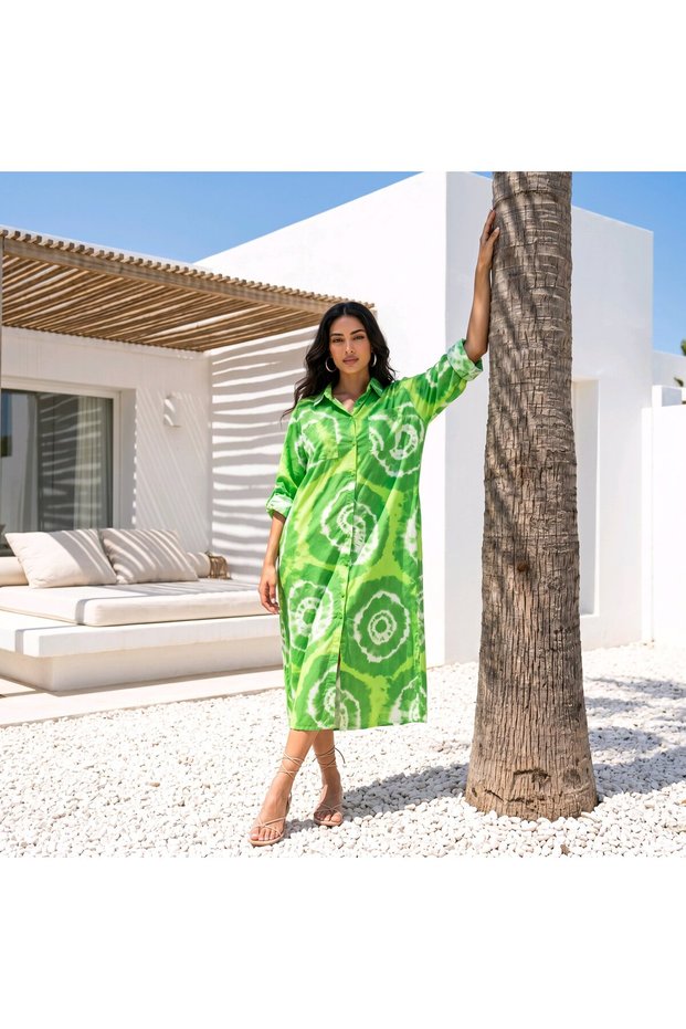 Women's Bohemian Patterned Linen Dress - Long Tunic / Shirt Dress with Slits on Both Sides and Buttons