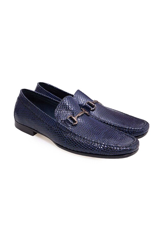 Dark Blue Color Laceless Genuine Leather Men's Shoes