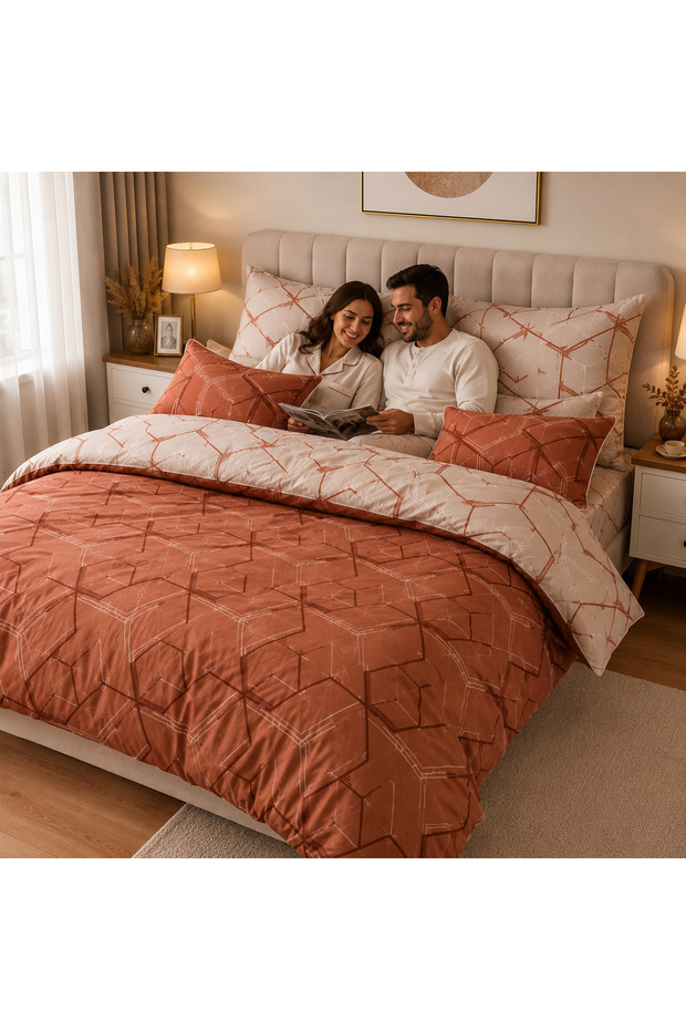 6 Piece Double Duvet Cover Set | 100% Cotton | Double Sided | Elasticized Sheet | Geometric Patterned | Cinnamon-Beige | Boxed