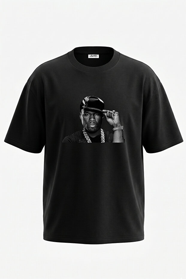 تي شيرت أسود كبير الحجم مطبوع بتصميم 50 Cent_16 للجنسين