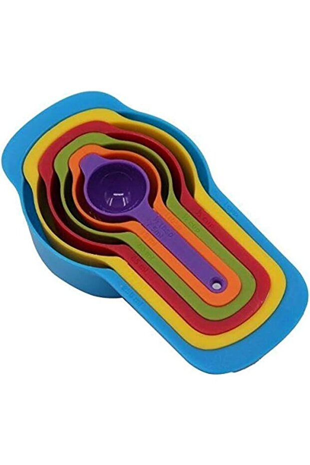 6 Pcs of Plastic Measuring Cups and Spoons Set. Stackable, Space Saving, Multi color Design