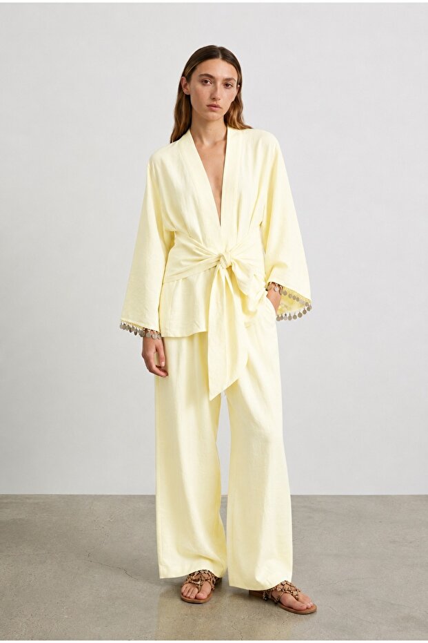 Women's Yellow Jacket with Tie Front Sleeves and Sequin Details