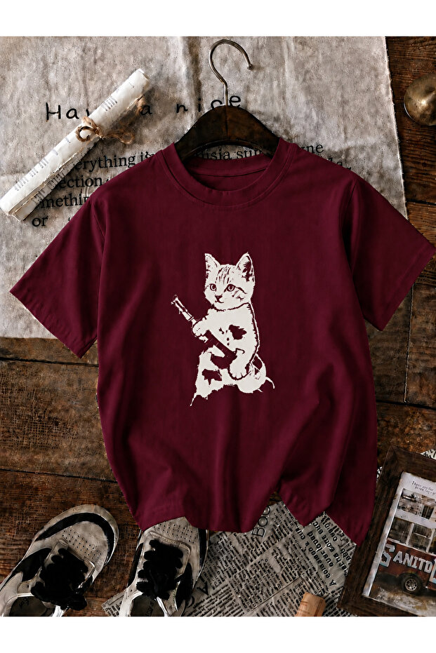 Unisex Y2K Guitar and White Cat Printed Oversized T-Shirt