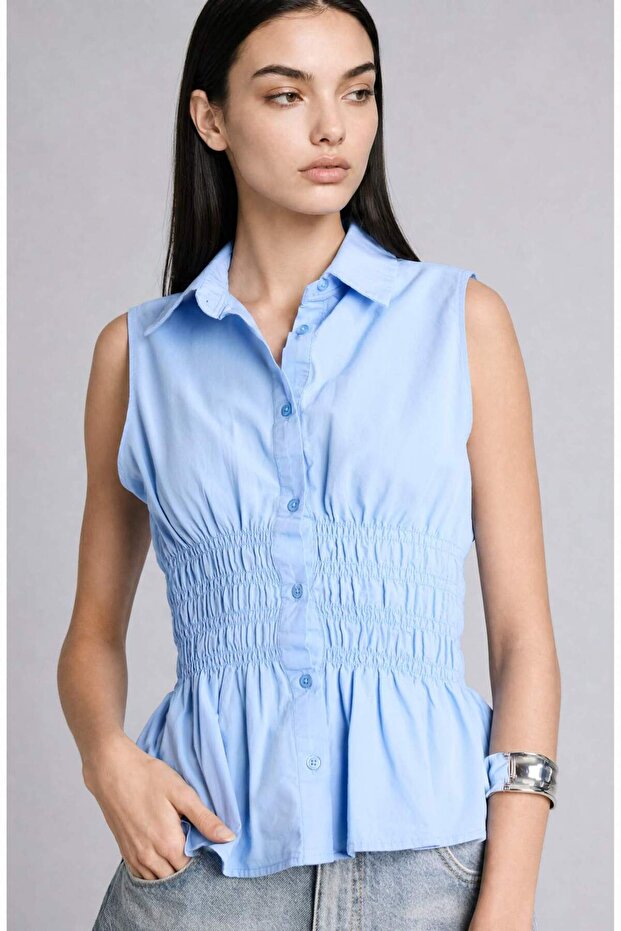 100% Cotton Fitted Poplin Sleeveless Blue Shirt I0928Ax26Sm