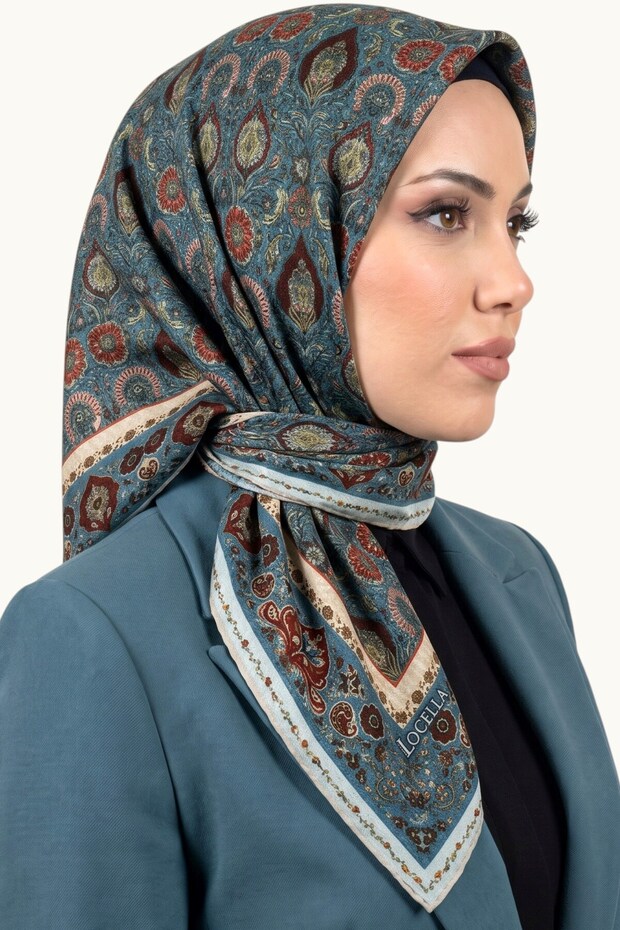 Women's Blue Ethnic Floral and Shawl Motif Organic Cotton Soft Scarf
