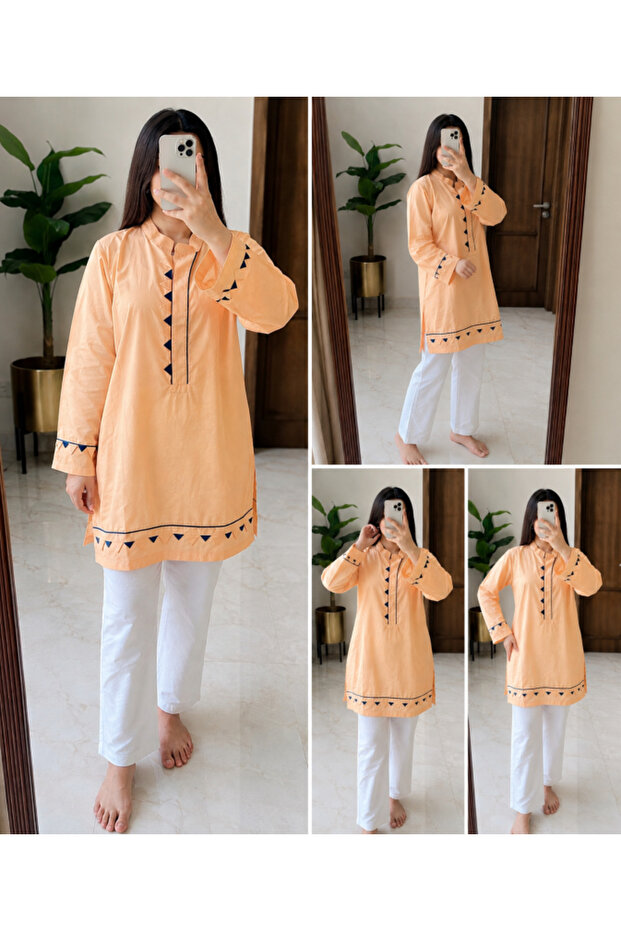 -Peach Cotton Modest Shirt with Geometric Contrast Embellishment
