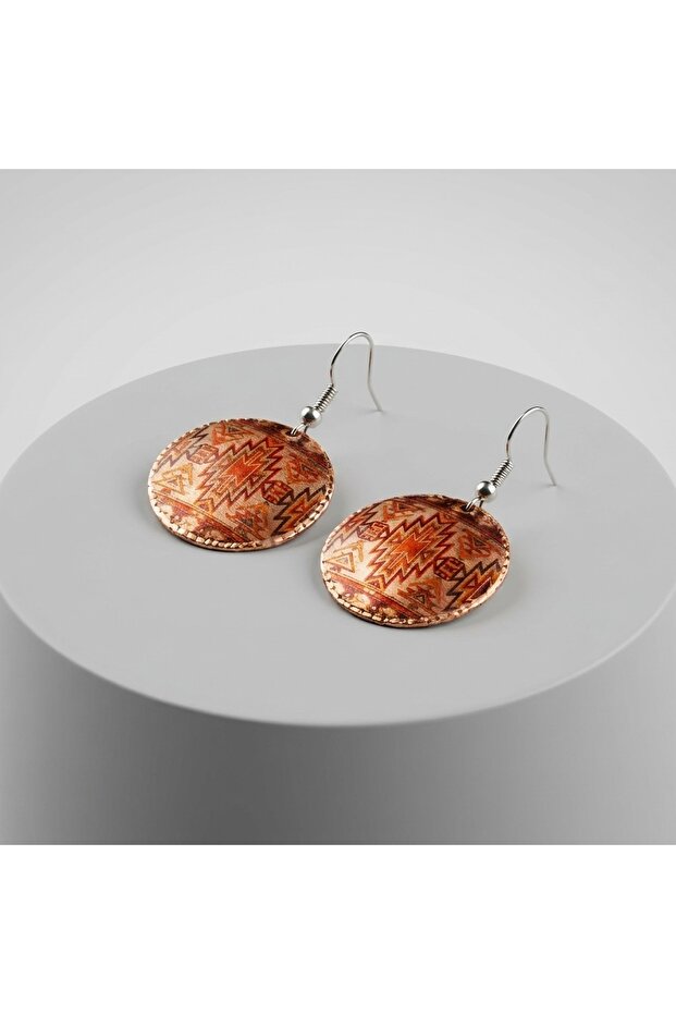 100% Handmade Copper | Copper Orange Beige Leaf Patterned Dangle Earrings | 100% Handmade Copper 261