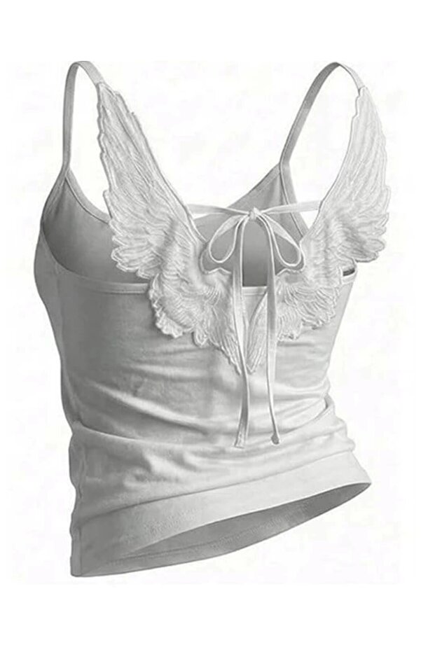 White Angel Wing Tied Backless Y2K Short Sleeve Crop Top