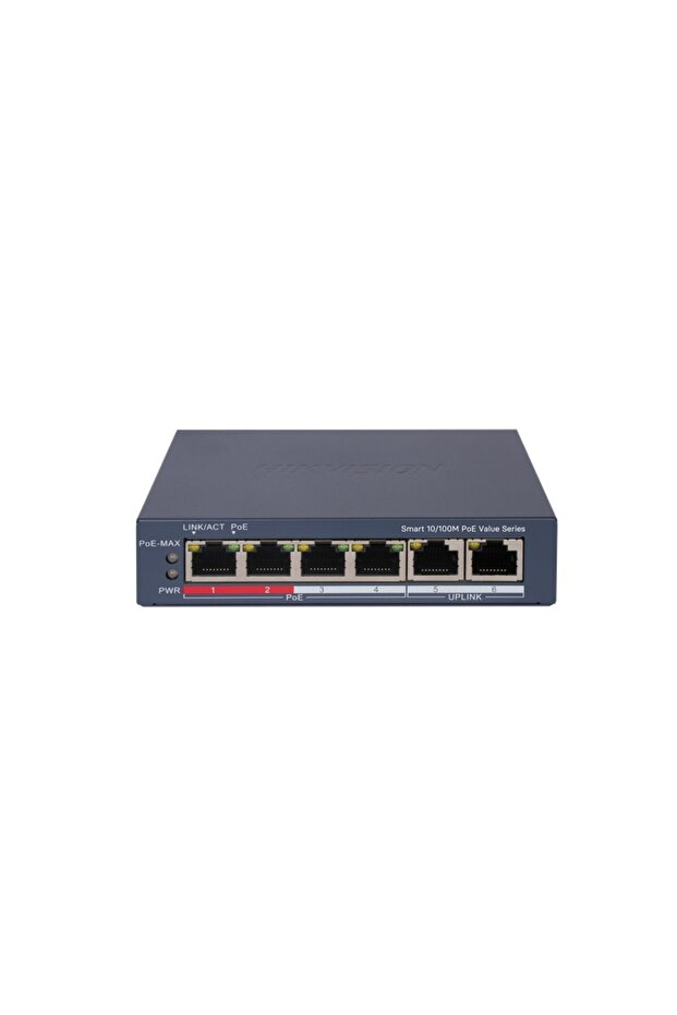 Ds-3E1106P-Ei/M محول شبكة بـ 4 منافذ 10/100 + 2 منفذ 10/100 للربط الصاعد، 45 واط، 300 متر، يدعم PoE، قابل للإدارة عبر السحابة