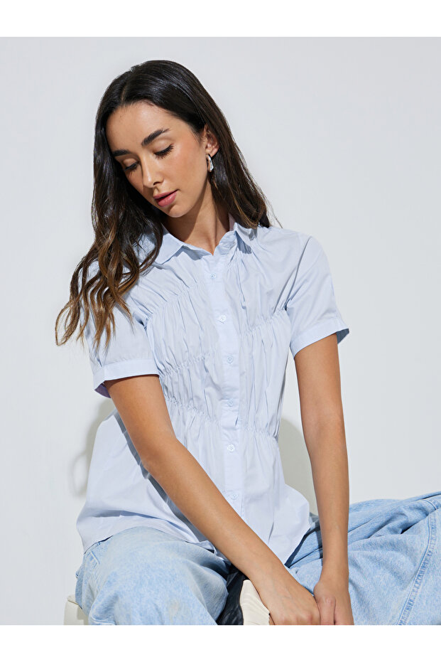 Blue Ruched Short Sleeve Shirt