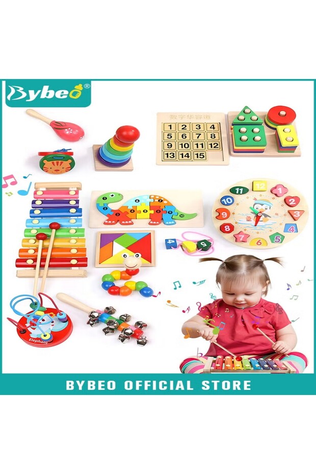 12 Pieces Montessori Toys for 1-3 Years Toddlers, Kids Wooden Toys, Wooden Sorting & Stacking Toys, Preschool Educational Toy for Children, Stacking Rings, Xylophone, Clock Bead Maze